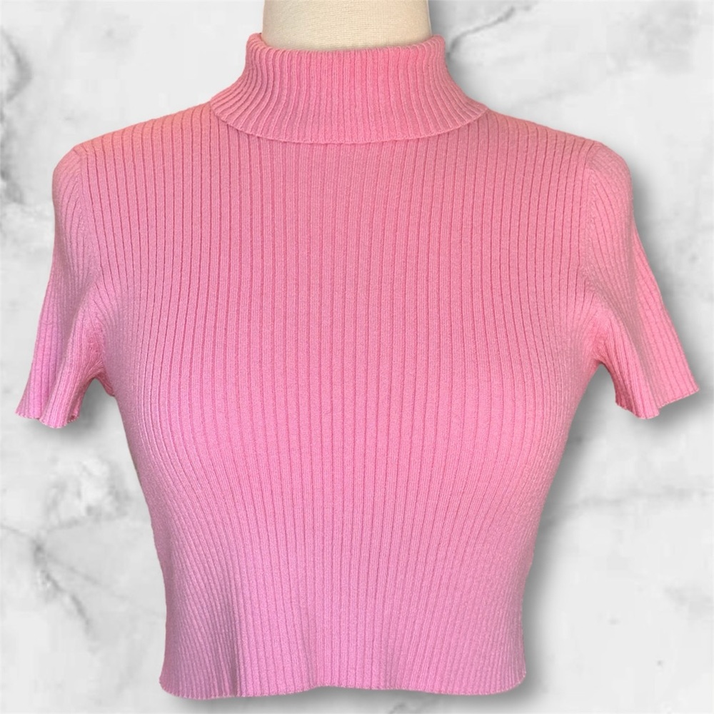 Lottie Moss Pink Ribbed Mock Turtleneck Crop Top, Size XS